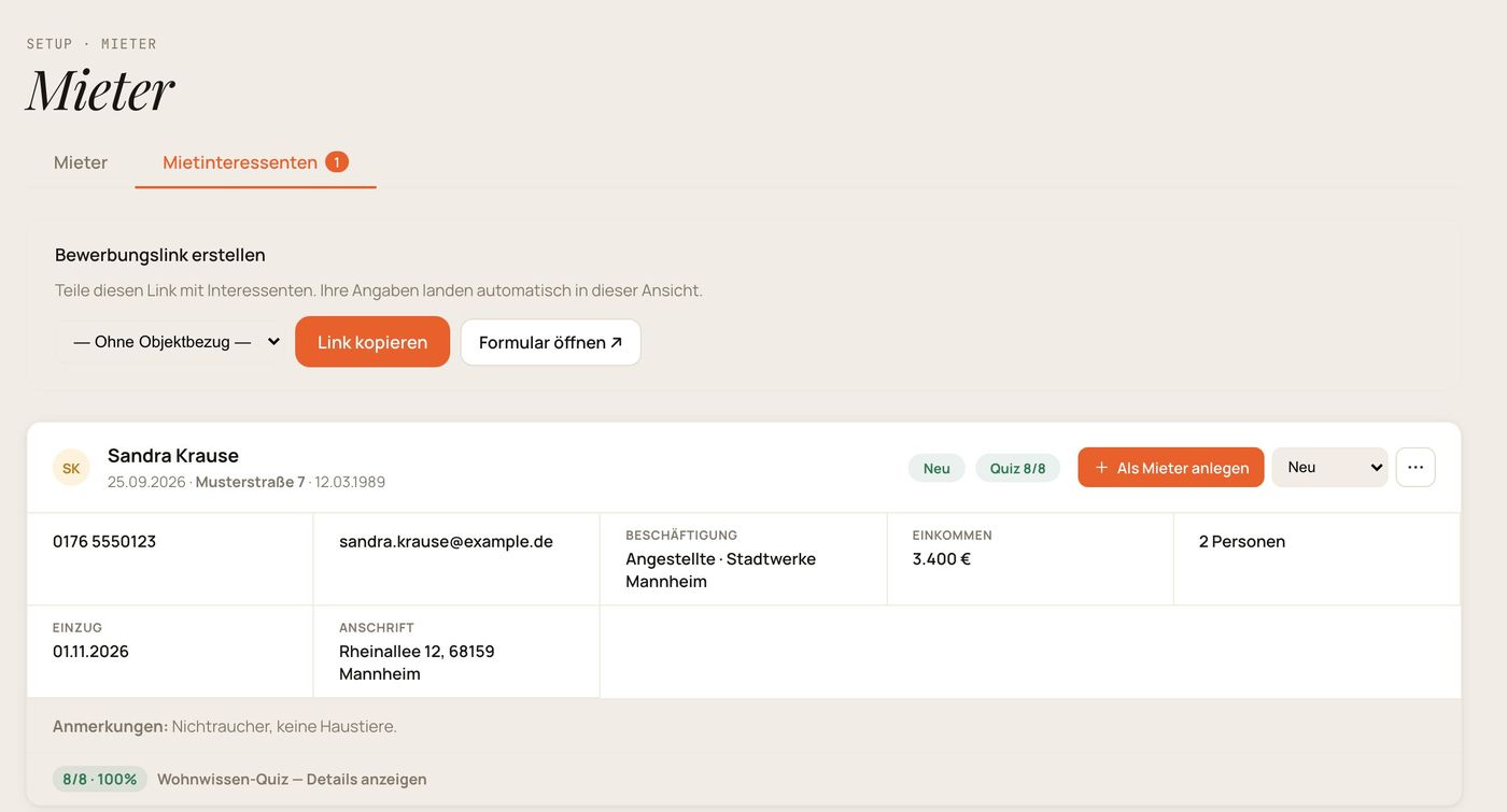 Mietinteressenten mit Selbstauskunft, Quiz-Ergebnis und „Als Mieter anlegen“