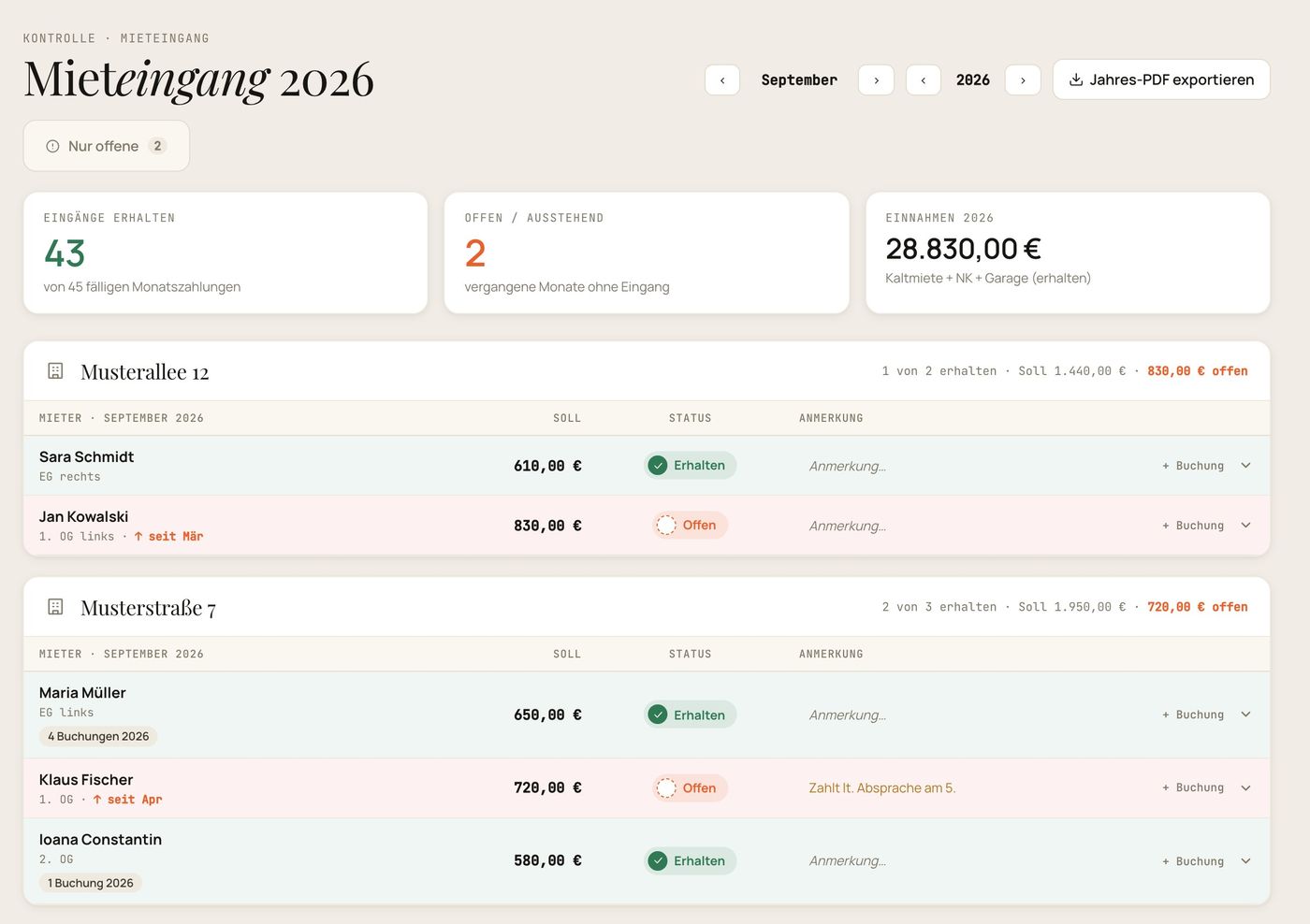 Mieteingang: eine Tabelle pro Haus, Status Erhalten oder Offen mit einem Klick
