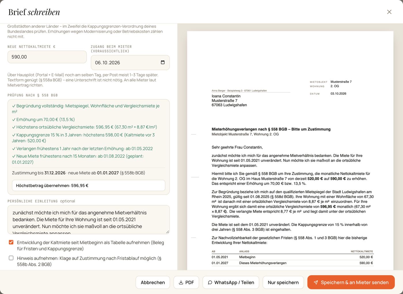 Mieterhöhung schreiben: Prüfung nach § 558 BGB mit Kappungsgrenze, Sperrfrist und Vergleichsmiete, daneben die Vorschau des Briefs