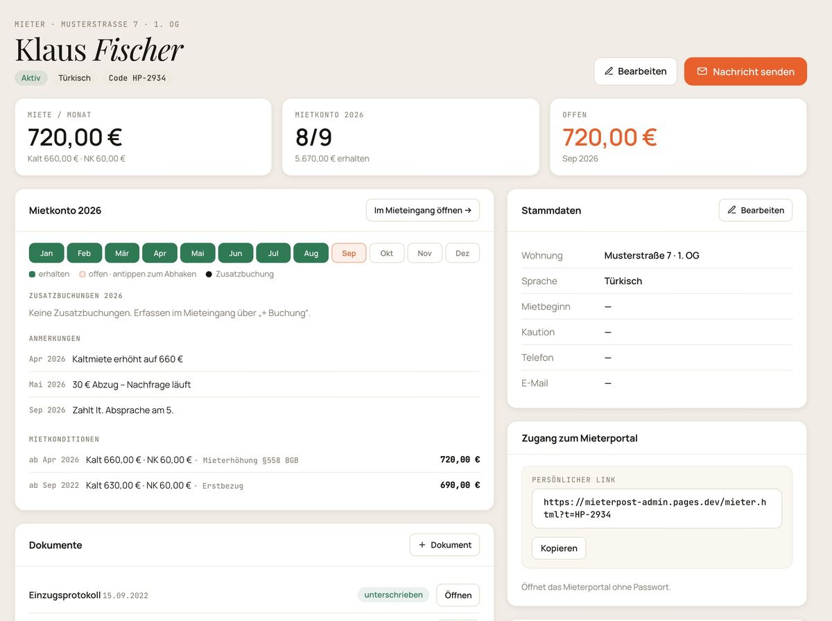 Mieter-Seite mit Mietkonto, Anmerkungen, Konditionen, Dokumenten und Zugang