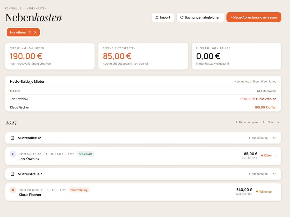 Nebenkosten mit offenen Nachzahlungen, Gutschriften und Netto-Saldo je Mieter