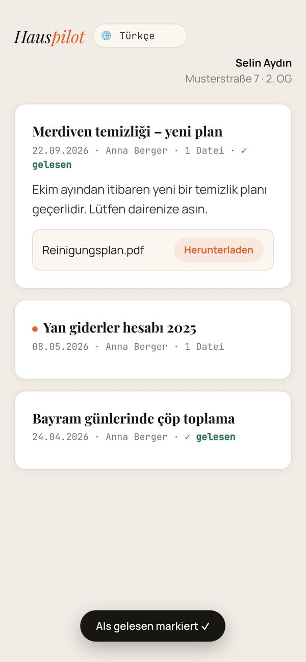 Mieterportal auf dem Handy: Rundschreiben automatisch auf Türkisch, mit Anhang und Lesebestätigung