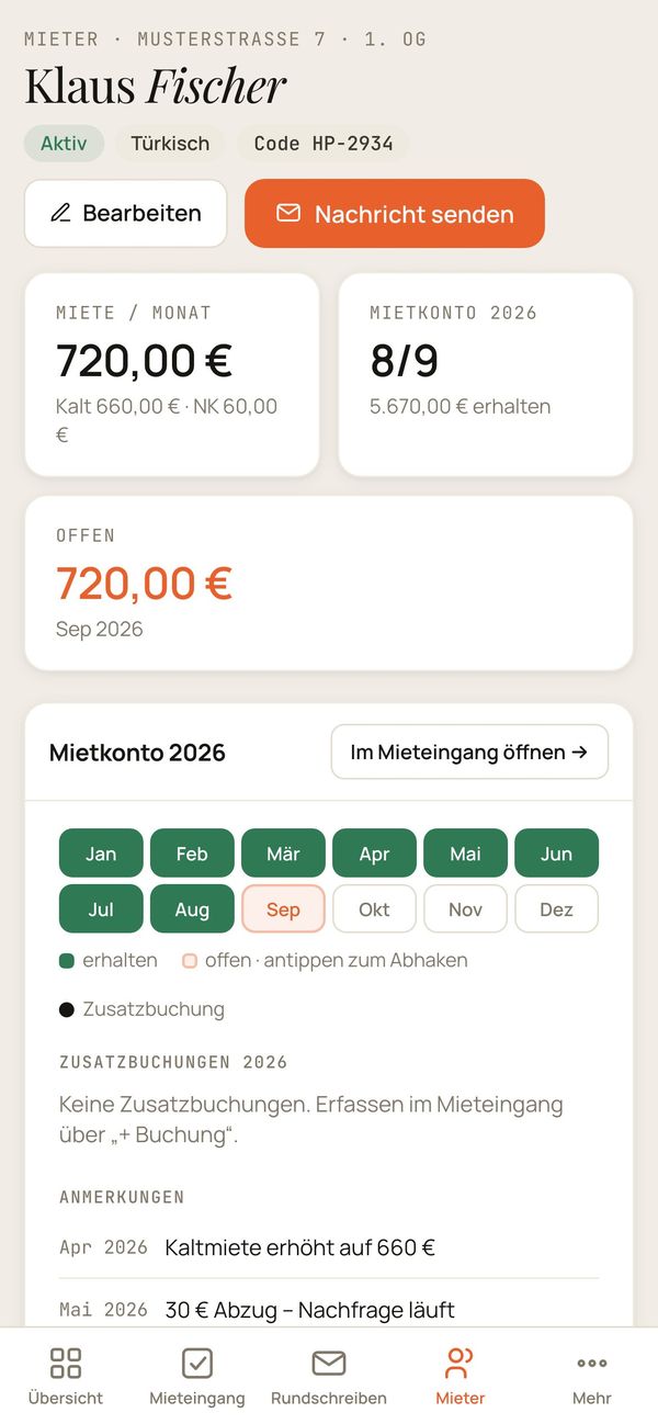 Mieter-Seite auf dem Handy
