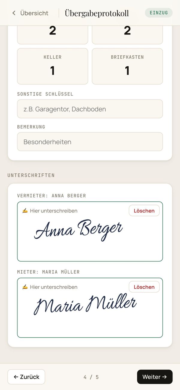 Unterschrift von Vermieterin und Mieterin direkt auf dem Handy