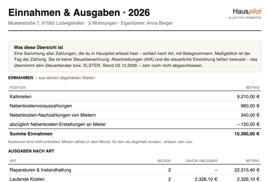 PDF-Übersicht Einnahmen und Ausgaben je Haus für den Steuerberater