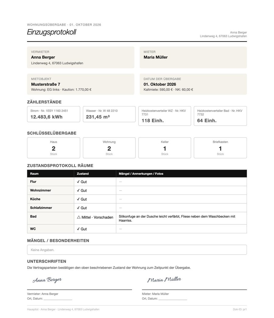 Einzugsprotokoll als PDF: Zählerstände, Schlüssel, Zustand der Räume und Unterschriften