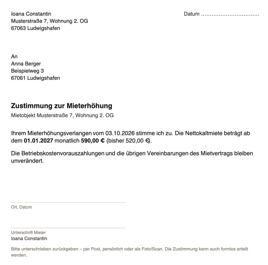 Zustimmungserklärung zur Mieterhöhung, automatisch als Anlage im PDF
